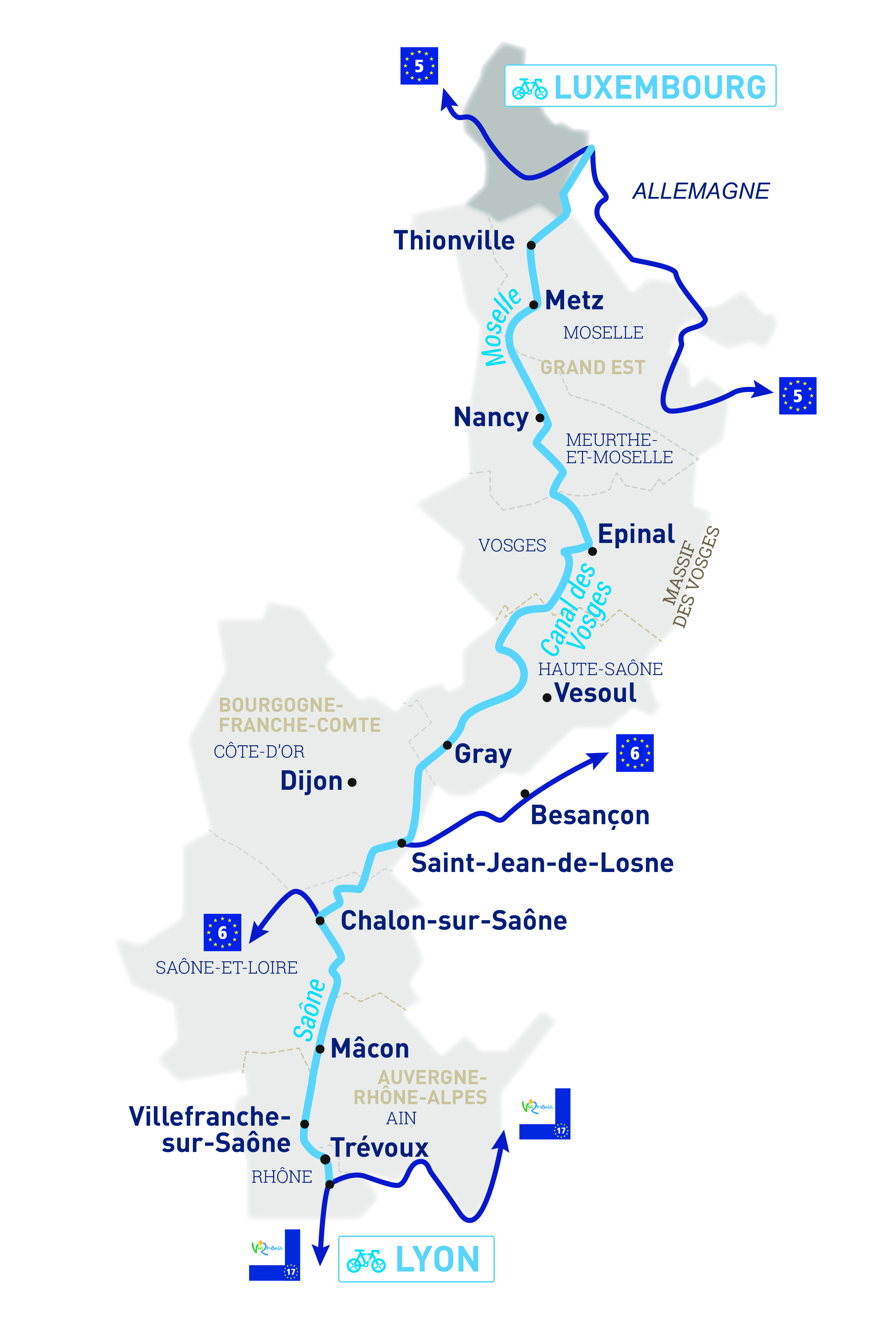 Carte de La Voie Bleue, Moselle-Saône à vélo